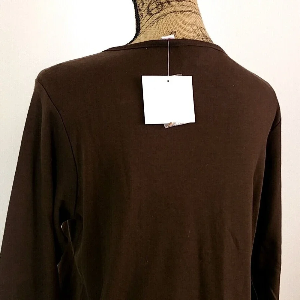 NWT Quacker Factory Womens sz S Top Brown Long Stem Rose Rhinestone Scoop Neck - Picture 5 of 8